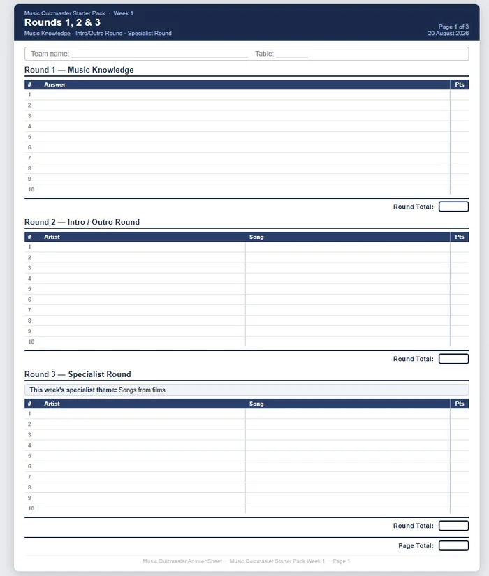 A printable Music Quizmaster answer sheet