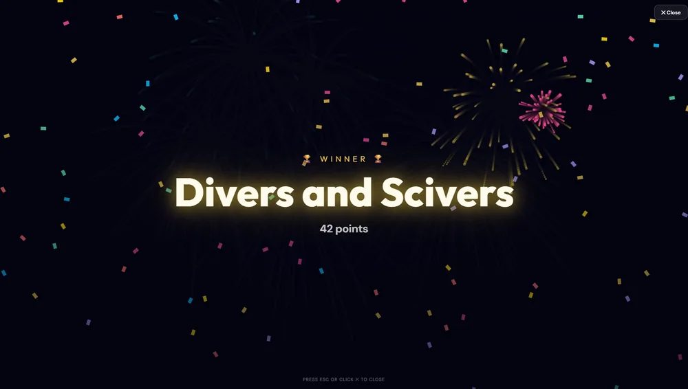 End-of-night winner screen with fireworks